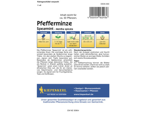 Pfefferminzsamen Packung mit Informationen zu Aussaat, Keimung, Anbau, Abstand und Ernte