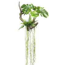 Künstliche Monstera-Pflanze auf einem Ast mit herabhängenden Ranken