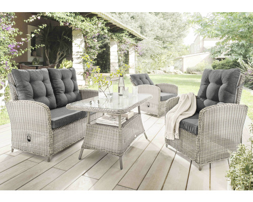 Lounge set Destiny MERANO 2 fauteuils, canapé 2 places, 1 table 120x77x66cm, vintage blanc Lounge set Destiny MERANO 2 fauteuils, canapé 2 places, 1 table 120x77x66cm, vintage blanc