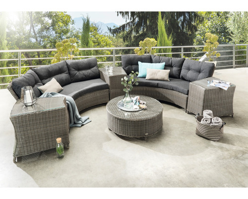 Salon de jardin Destiny RIO semi-circulaire, 2 accoudoirs, 3 dessertes, 1 table Ø90x38cm Salon de jardin Destiny RIO semi-circulaire, 2 accoudoirs, 3 dessertes, 1 table Ø90x38cm