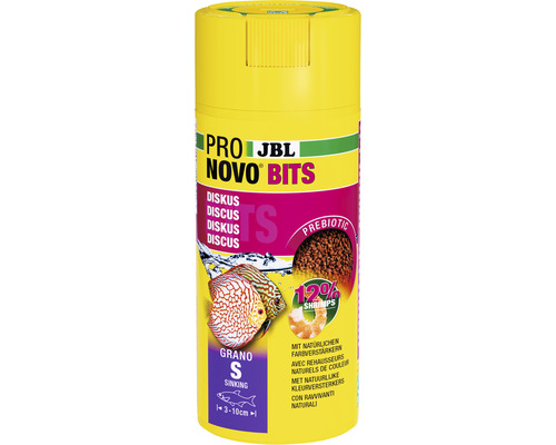 Nourriture en granulés JBL PRONOVO BITS GRANO S 250 ml CL Aliment pour discus JBL Pro Novo Bits dans un récipient jaune