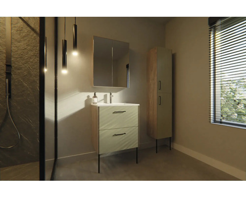 Salle de bain moderne avec meuble sous-lavabo, armoire de toilette et armoire haute