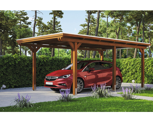 Carport Skanholz Emsland avec ancrage pour poteaux 354 x 604 cm noyer