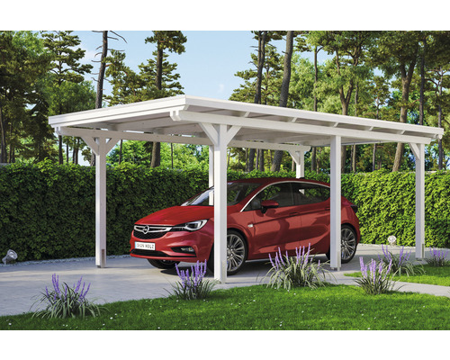 Carport Skanholz Emsland avec film epdm,ancrage pour poteaux 354 x 604 cm blanc