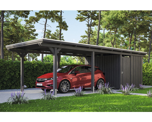 Carport Skanholz Emsland avec espace de rangement,film epdm,ancrage pour poteaux 354 x 846 cm ardoise