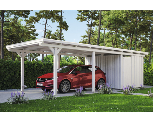 Carport Skanholz Emsland avec espace de rangement,film epdm,ancrage pour poteaux 354 x 846 cm blanc