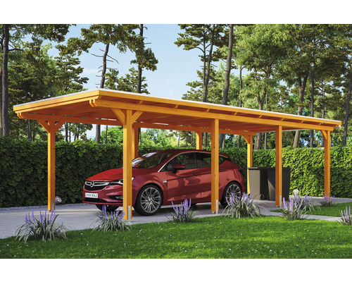 Carport Skanholz Emsland avec film epdm,ancrage pour poteaux 354 x 846 cm chêne clair