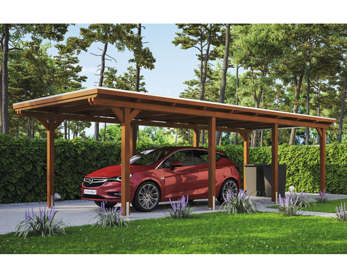 Carport Skanholz Emsland avec ancrage pour poteaux 354 x 846 cm noyer