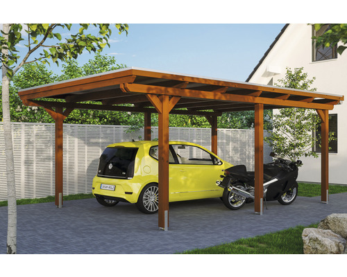 Carport Skanholz Emsland avec ancrage pour poteaux 404 x 604 cm noyer