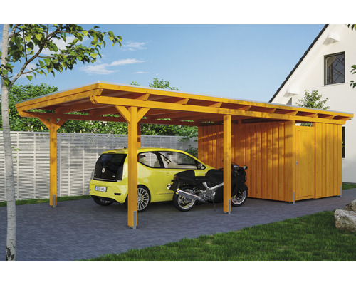 Carport Skanholz Emsland avec espace de rangement,film epdm,ancrage pour poteaux 404 x 846 cm chêne clair