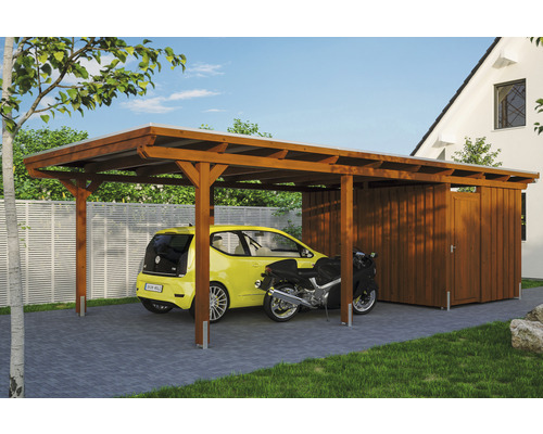 Carport Skanholz Emsland avec espace de rangement,film epdm,ancrage pour poteaux 404 x 846 cm noyer