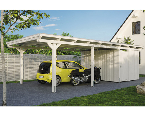 Carport Skanholz Emsland avec espace de rangement,film epdm,ancrage pour poteaux 404 x 846 cm blanc