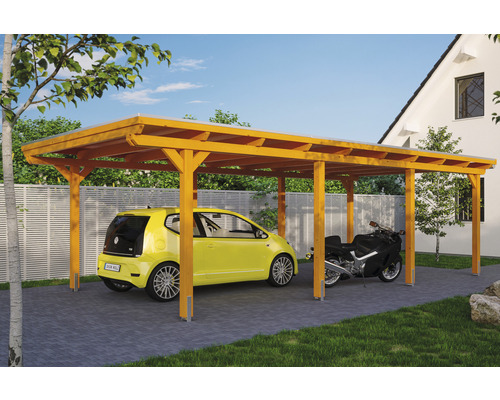 Carport Skanholz Emsland avec film epdm,ancrage pour poteaux 404 x 846 cm chêne clair