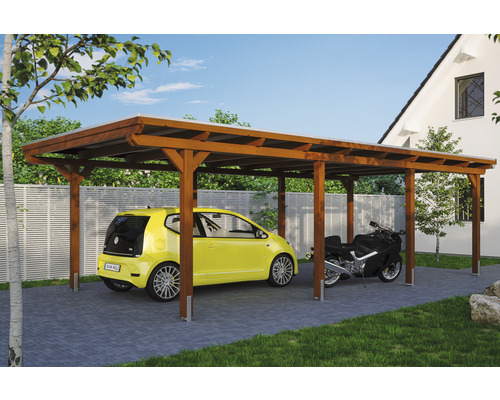 Carport Skanholz Emsland avec ancrage pour poteaux 404 x 846 cm noyer