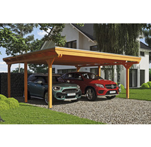 Carport double 2 voitures Skanholz Emsland avec ancrage pour poteaux 613 x 604 cm chêne clair