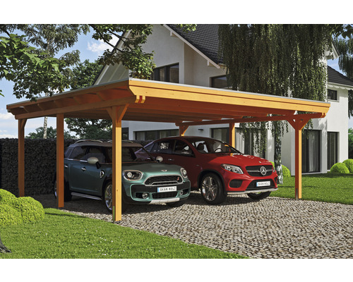 Carport double 2 voitures Skanholz Emsland avec film epdm,ancrage pour poteaux 613 x 604 cm chêne clair