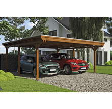 Carport double 2 voitures Skanholz Emsland avec ancrage pour poteaux 613 x 604 cm noyer