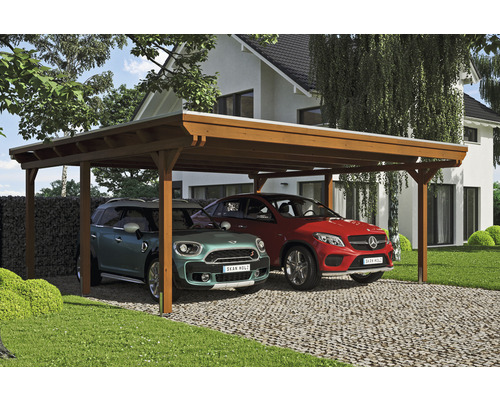 Carport double 2 voitures Skanholz Emsland avec ancrage pour poteaux 613 x 604 cm noyer