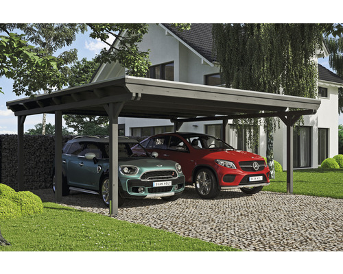 Carport double 2 voitures Skanholz Emsland avec film epdm,ancrage pour poteaux 613 x 604 cm ardoise
