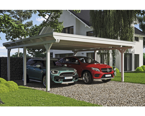 Carport double 2 voitures Skanholz Emsland avec film epdm,ancrage pour poteaux 613 x 604 cm blanc