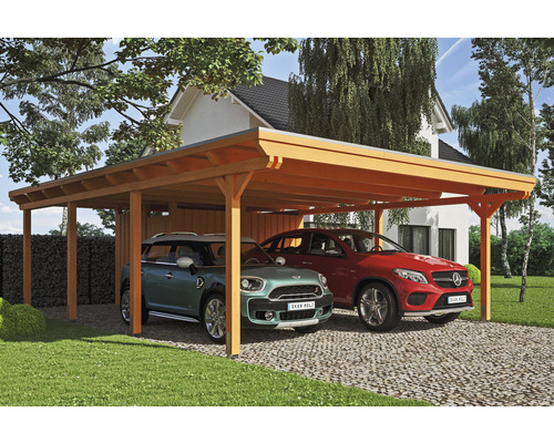 Carport double 2 voitures Skanholz Emsland avec espace de rangement,ancrage pour poteaux 613 x 846 cm chêne clair