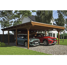 Carport double 2 voitures Skanholz Emsland avec espace de rangement,film epdm,ancrage pour poteaux 613 x 846 cm noyer