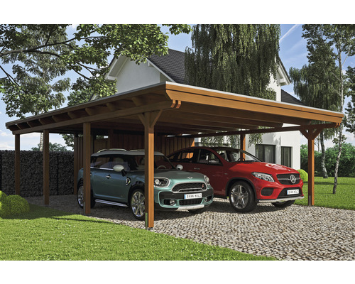 Carport double 2 voitures Skanholz Emsland avec espace de rangement,ancrage pour poteaux 613 x 846 cm noyer