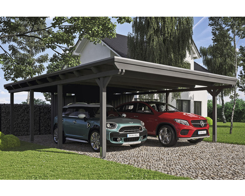 Carport double 2 voitures Skanholz Emsland avec espace de rangement,film epdm,ancrage pour poteaux 613 x 846 cm ardoise