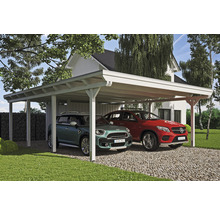 Carport double 2 voitures Skanholz Emsland avec espace de rangement,film epdm,ancrage pour poteaux 613 x 846 cm blanc