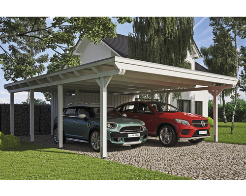 Carport double 2 voitures Skanholz Emsland avec espace de rangement,film epdm,ancrage pour poteaux 613 x 846 cm blanc