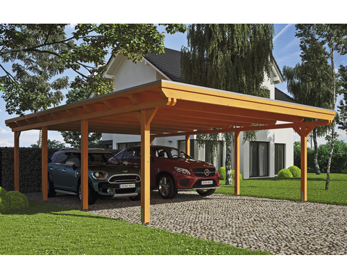 Carport double 2 voitures Skanholz Emsland avec film epdm,ancrage pour poteaux 613 x 846 cm chêne clair