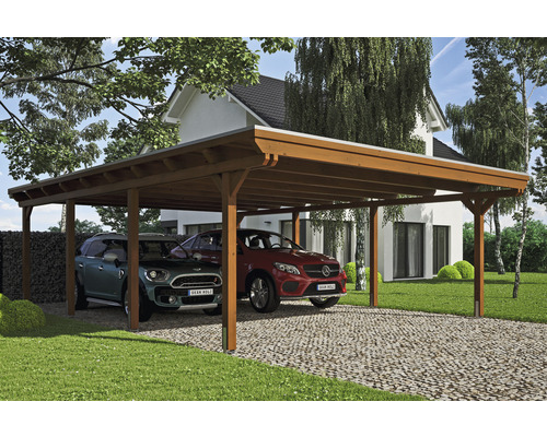 Carport double 2 voitures Skanholz Emsland avec ancrage pour poteaux 613 x 846 cm noyer