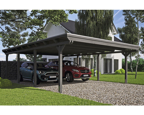 Carport double 2 voitures Skanholz Emsland avec ancrage pour poteaux 613 x 846 cm ardoise