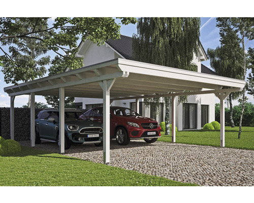 Carport double 2 voitures Skanholz Emsland avec film epdm,ancrage pour poteaux 613 x 846 cm blanc