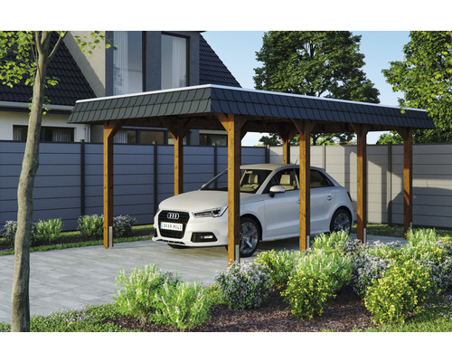 Carport Skanholz Spreewald avec film epdm,ancrage pour poteaux 345 x 589 cm noyer