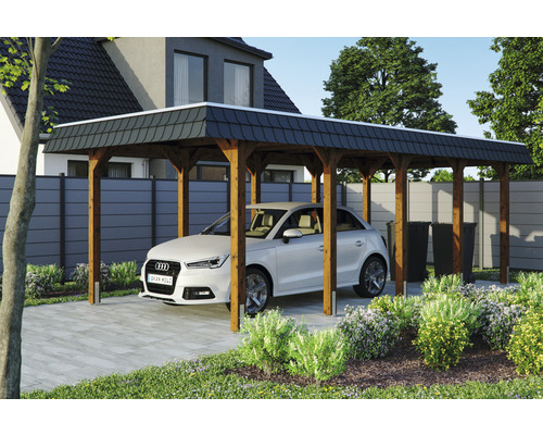 Carport Skanholz Spreewald avec film epdm,ancrage pour poteaux 345 x 741 cm noyer