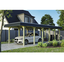 Carport aus Holz mit Auto auf einem Grundstück