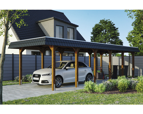 Carport Skanholz Spreewald avec film epdm,ancrage pour poteaux 345 x 893 cm noyer