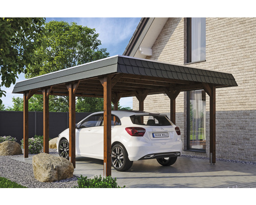 Carport Skanholz Spreewald avec ancrage pour poteaux 396 x 589 cm noyer