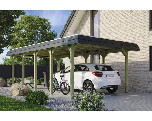 Carport Skanholz Spreewald avec film epdm,ancrage pour poteaux 396 x 741 cm bois