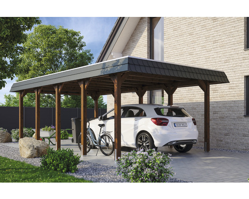 Carport Skanholz Spreewald avec film epdm,ancrage pour poteaux 396 x 741 cm noyer