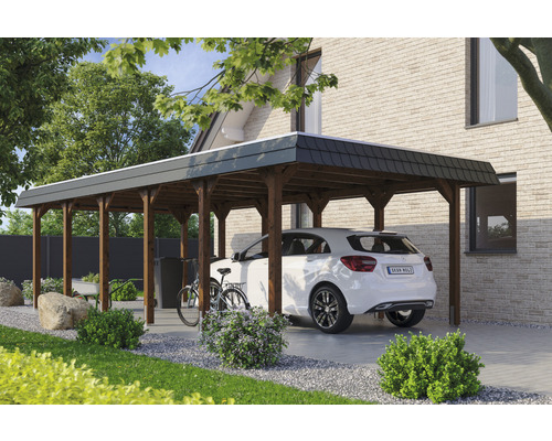 Carport Skanholz Spreewald avec film epdm,ancrage pour poteaux 396 x 893 cm noyer