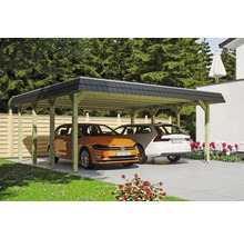 Doppelcarport aus Holz mit zwei geparkten Autos