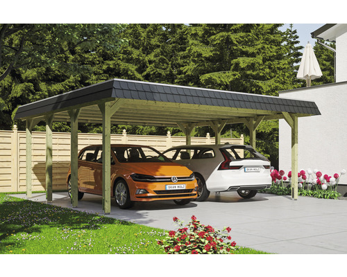 Carport double 2 voitures Skanholz Spreewald avec film epdm,ancrage pour poteaux 585 x 589 cm bois