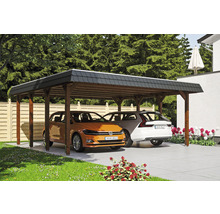 Carport double SKAN HOLZ Spreewald bandeau noir avec ancre de poteau 585 x 589 cm noyer