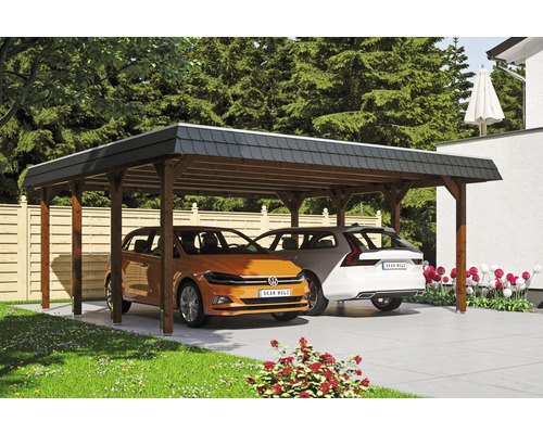 Carport double 2 voitures Skanholz Spreewald avec film epdm,ancrage pour poteaux 585 x 589 cm noyer