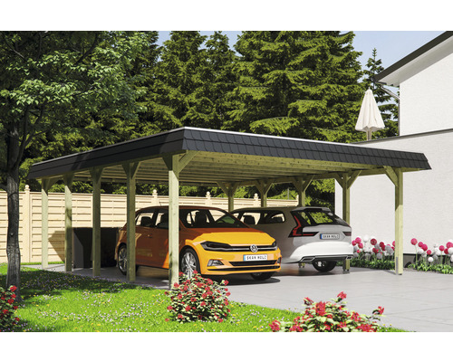 Carport double 2 voitures Skanholz Spreewald avec ancrage pour poteaux 585 x 741 cm bois