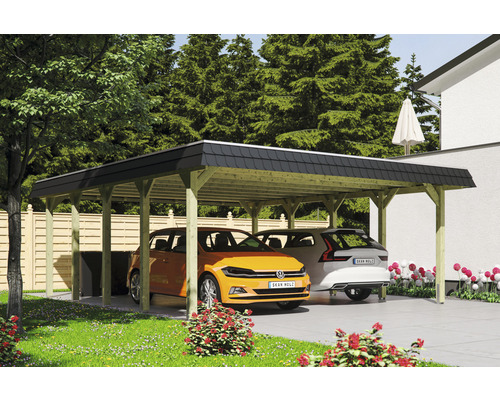 Carport double 2 voitures Skanholz Spreewald avec film epdm,ancrage pour poteaux 585 x 741 cm bois