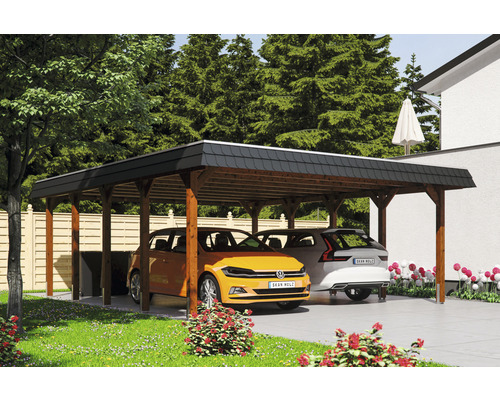Carport double SKAN HOLZ Spreewald bandeau noir avec ancre de poteau 585 x 741 cm noyer Carport double SKAN HOLZ Spreewald bandeau noir avec ancre de poteau 585 x 741 cm noyer
