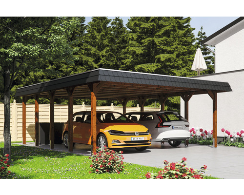 Carport double 2 voitures Skanholz Spreewald avec ancrage pour poteaux 585 x 741 cm noyer